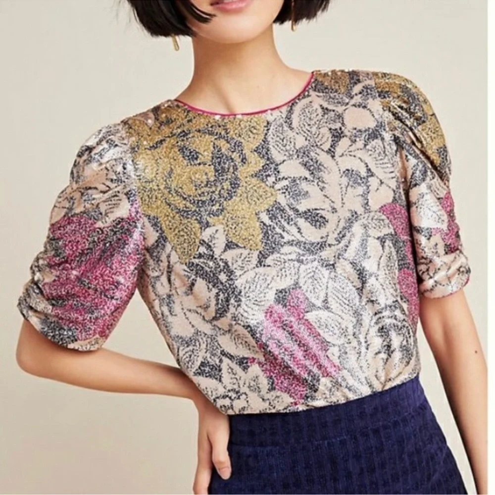 Anthropologie Marie Floral Sequin Puff Sleeve Blouse Top 2